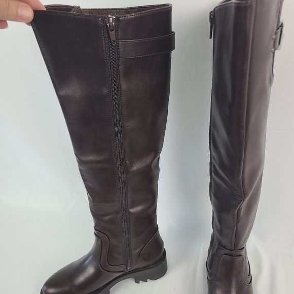 Justfab Women's Brown Morgane Round Toe Pull On Biker Knee High Boot Sz 5.5 NIB - Picture 3 of 8